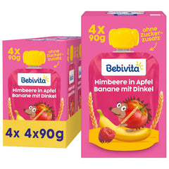 Saszetki wyciskane Owoce, Maliny, Jabłka, Banany i Orkisz - 16 sztuk (opakowanie po 4 sztuki, 4 x 90g każda), bez dodatku cukru, wykonane z miękkich owoców i pełnowartościowych ziaren, idealne jako przekąska na wynos i do spożycia własnego