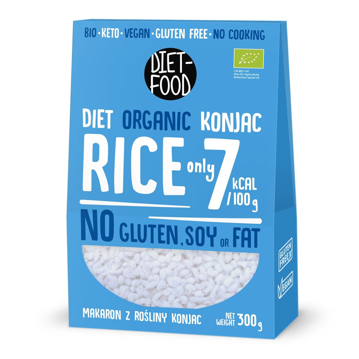 DIET-FOOD Organiczny ryż błyskawiczny Shirataki Konjac, niskowęglowodanowy, niskokaloryczny, wegański, bez tłuszczu, bez soi, bezglutenowy, przyjazny dla ketonów, odchudzający, 300 gramów