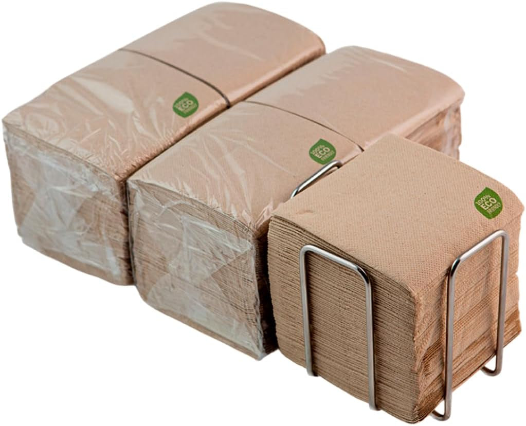 Pachet de 300 de șervețele de hârtie pentru cocktail, 100% reciclabile și biodegradabile, suport pentru șervețele de masă din oțel inoxidabil, șervețele ecologice, 10 X 10 cm, pliate.