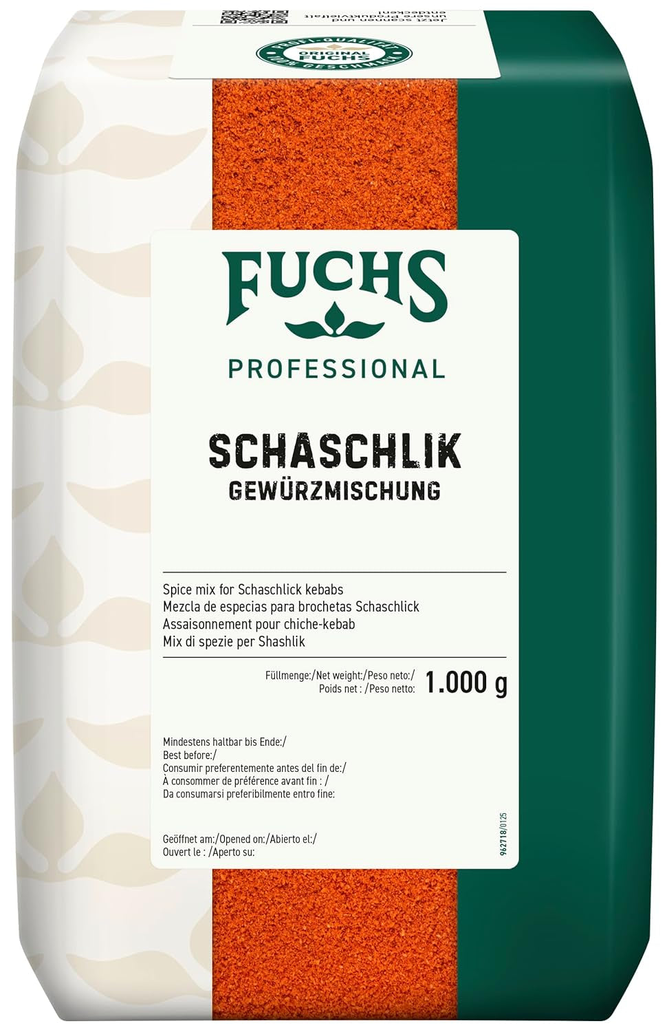 Fuchs Professional - Schaschlik Gewürzmischung | Zum Würzen/Marinieren von gebratenem oder gegrillten Fleisch | Profi-Qualität für Großverbraucher | Worek 1 kg nadający się do recyklingu