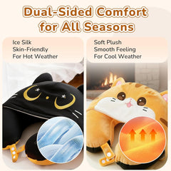 Pernă de călătorie Mewaii, pernă cu două fețe pentru adulți, pernă de gât din spumă cu memorie pentru avion, pernă de zbor reversibilă cu glugă pentru pisică, curea reglabilă