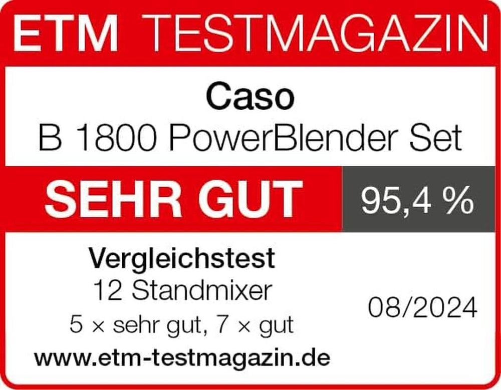 CASO B 1800 Powerblender-Set - Mikser stojący, 28 000 U/Min, Glasbehälter 1,75 L, Inkl. Trinkflasche Und Zerkleiner, Mixer Testsieger Mit Sehr Gut, Edelstahl Naty Shop