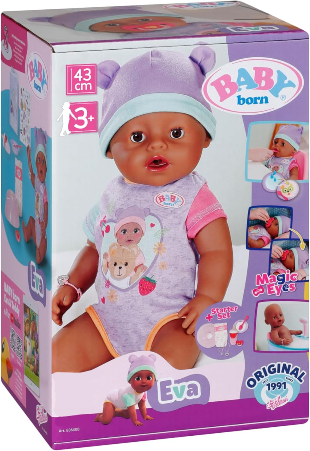 BABY Born Eva - 43 cm große Babypuppe - 10 Funktionen inkl. Accessoires & Strampler - Funktioniert komplett ohne Batterien - Geeignet für Kinder ab 3 Jahren