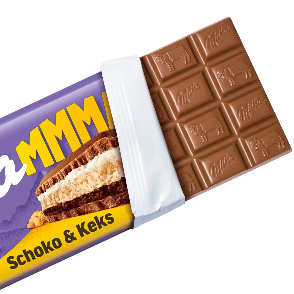 Milka Mmax Chocolate and Biscuits – Alpejska czekolada mleczna z nadzieniem mlecznym i chrupiącymi kawałkami ciasteczek – 300g
