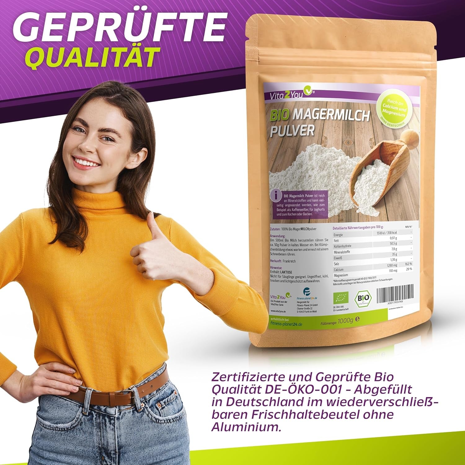 Vita2You Bio Odtłuszczone Mleko w Proszku 1000g - 100% Bio Qualität - do pieczenia - Kaffeeweißer - Milchpulver für Joghurts - 1kg - Premium Qualität