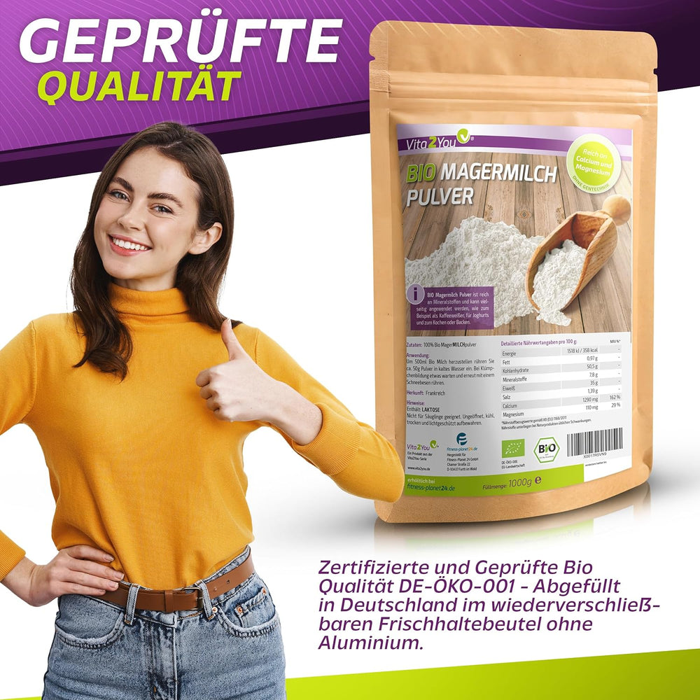 Vita2You Bio Odtłuszczone Mleko w Proszku 1000g - 100% Bio Qualität - do pieczenia - Kaffeeweißer - Milchpulver für Joghurts - 1kg - Premium Qualität