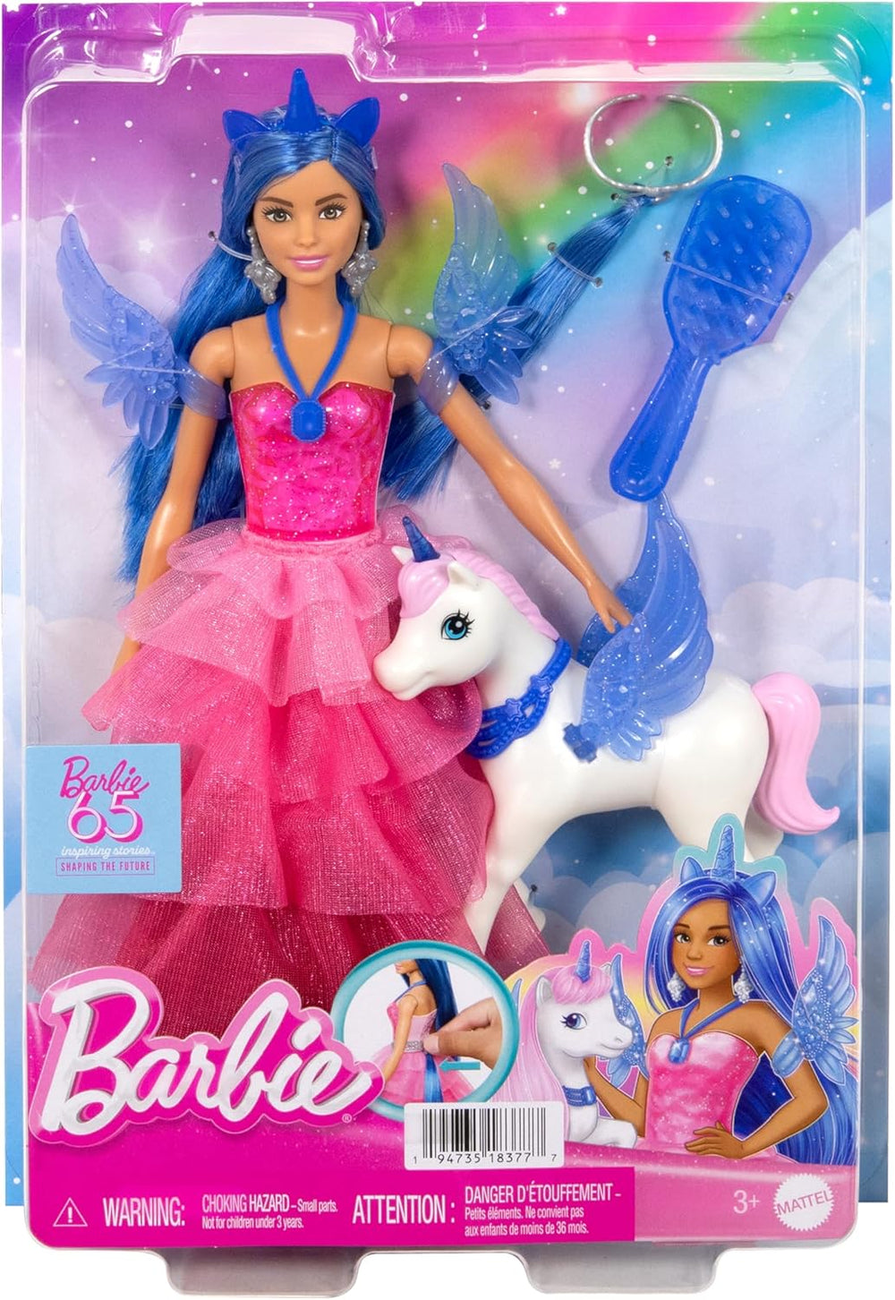 Barbie Ein verborgener Zauber - Puppe mit Einhorn, pinkfarbenes Kleid mit Saphirblauen Details, Einhorn-Stirnband, abnehmbare Saphirflügel und Schwanz, für Kinder ab 3 Jahren, HRR16