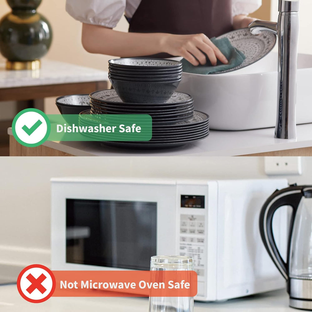 Set de veselă pentru camping pentru 6 persoane, set de veselă din melamină cu 18 piese pentru activități în aer liber, picnicuri și petreceri în grădină, set de farfurii, serviciu combinat, veselă pentru camping pentru rulote