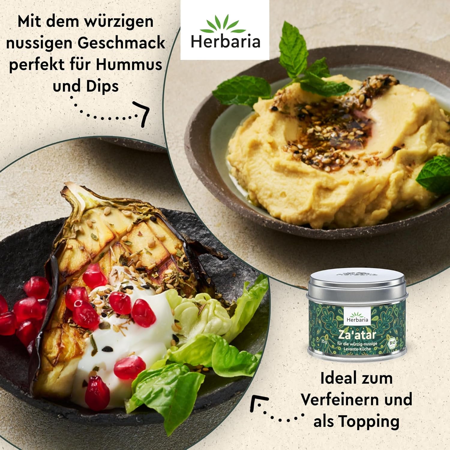 Herbaria Za'atar bio 25g S-Dose – Zaatar Gewürz, Zaatar Gewürz - orientalny Organic-Gewürmischung für Gerichte der Levante Küche - mit erlesenen Składnik - w nachhaltiger Aromaschutz-Dose
