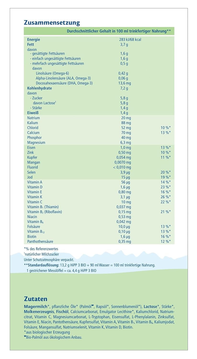 HiPP 3 Organiczne mleko następne (4 x 600g) - po 10 miesiącach z Omega-3 (DHA, ALA), wapniem, witaminą D, najwyższej jakości organicznej