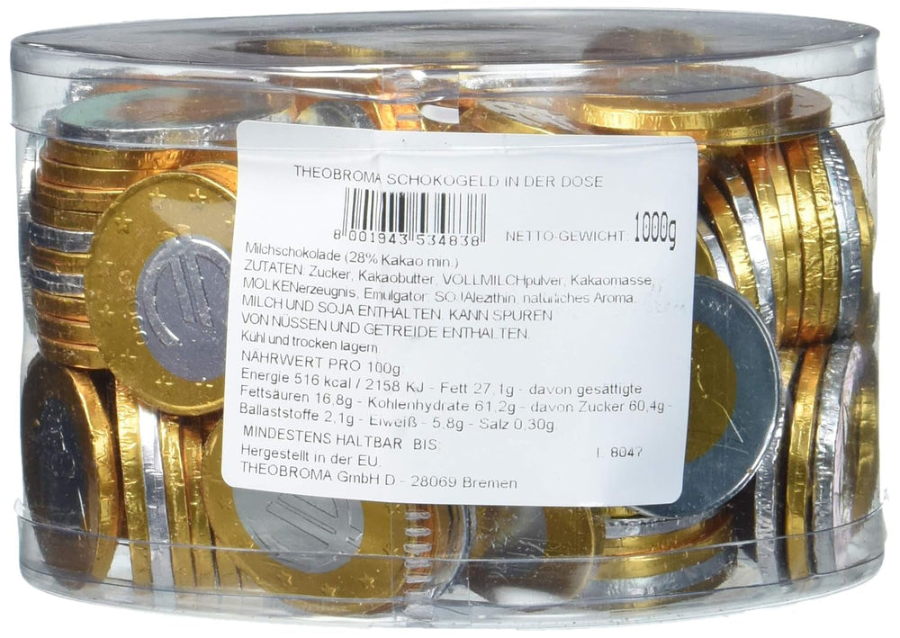 Theobroma Goldgeld Schokoladen Euro, Lose Münzen in Der Dose, 1Er Pack (1 X 1 Kg) Naty Shop Euros