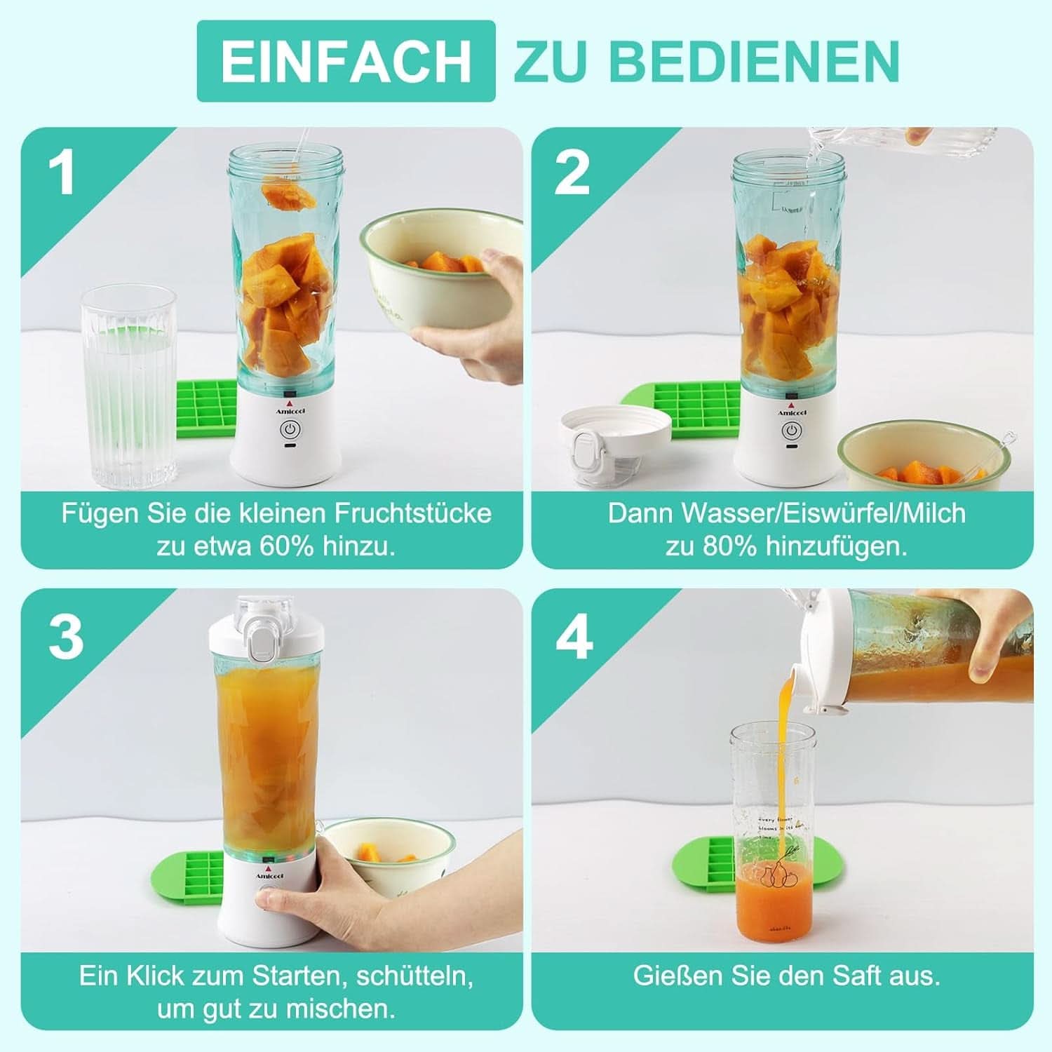 Mikser Smoothie Maker to Go, Mini Standmixer Tragbar Mit 6-Klingen Edelstahl, Enstafter Mit Reisedeckel, Przenośny blender USB Elektrisch 600Ml Butelka, Mikser Shaker Slushy Maker Wasserdichter Bucatarie Naty Shop