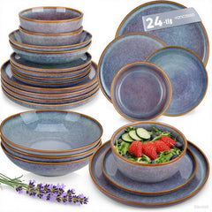 Geschirrset 6 Personen, vancasso PLAYA 24tlg Reaktive Glasur Steingut Tafelservice 6 Personen Modern, Beinhaltet Schüssel, Suppenteller, Dessertteller, Speiseteller, Spülmaschinenfest, Lavendelblau