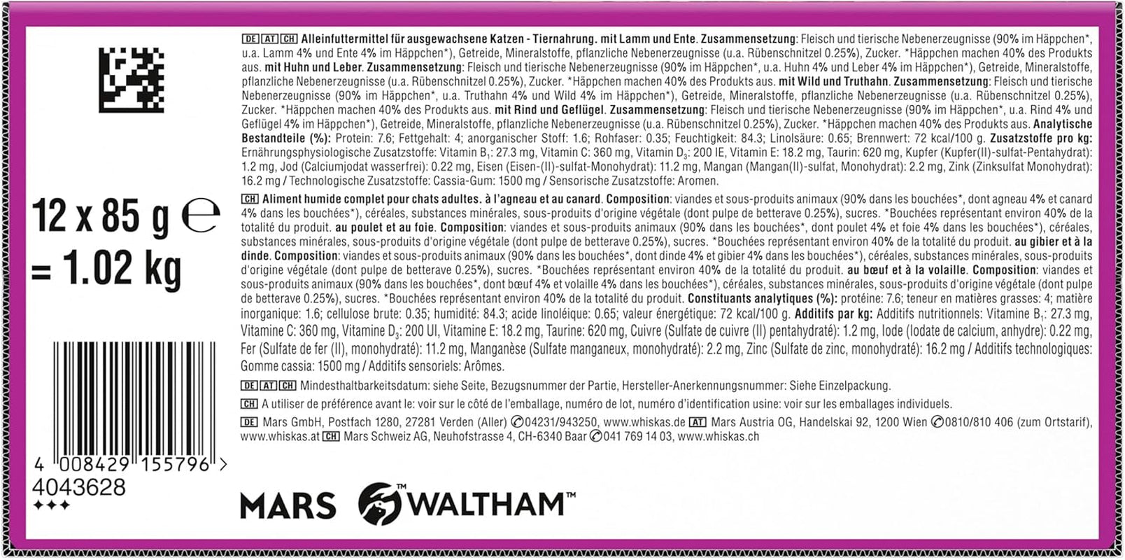 WHISKAS Duo Pliculețe pentru Porții de Hrană Umedă, Pachet Multiplu, Combinație Clasică în Jeleu, 12 x 85g