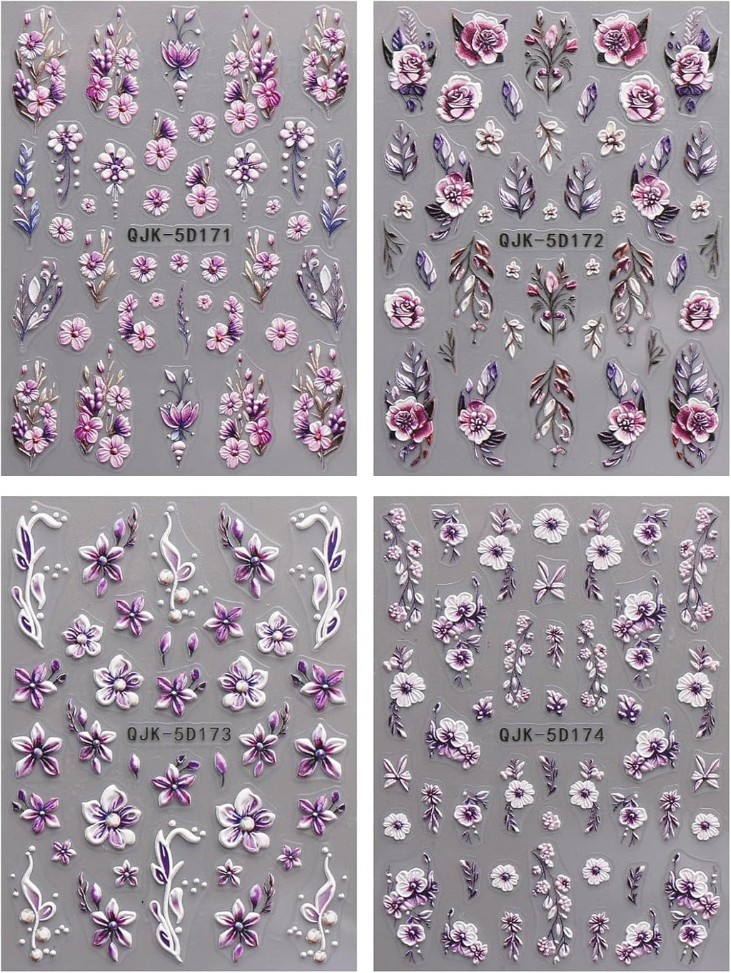 JMEOWIO 3D Nagelsticker Blumen Nail Art Sticker Selbstklebend Nagelaufkleber 5D Stereoskopisch Frühling Sommer Dekoration Nageldesign Zubehör 4 Blatt