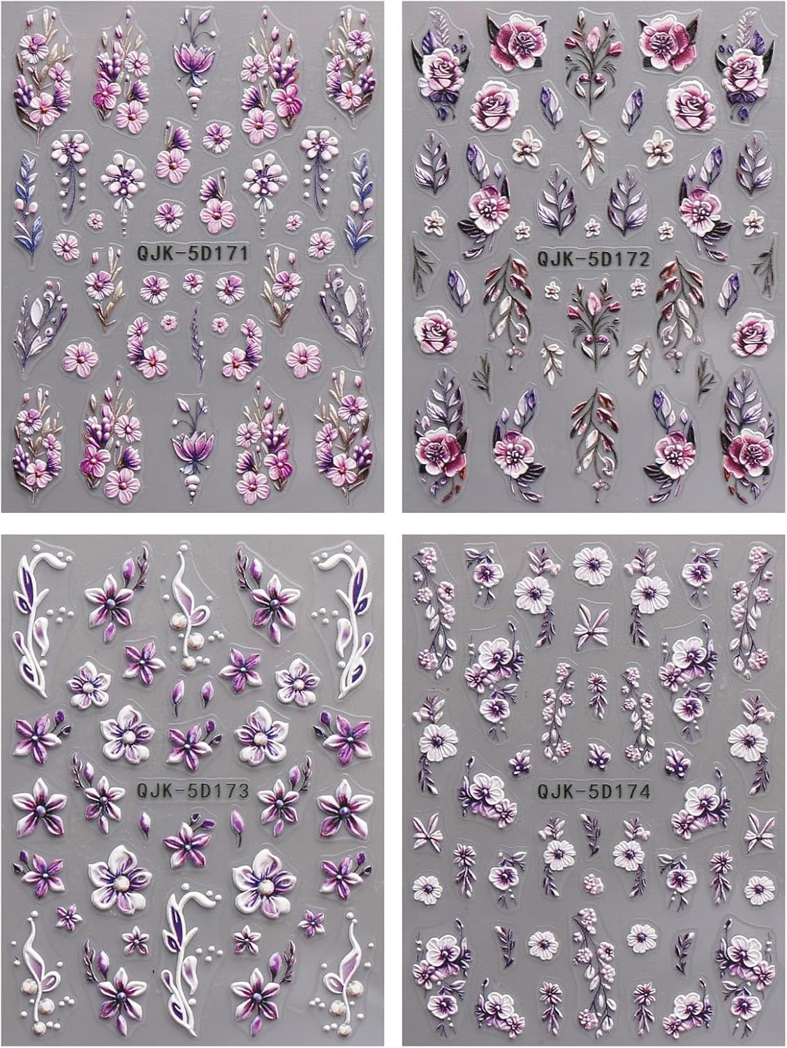 JMEOWIO 3D Nagelsticker Blumen Nail Art Sticker Selbstklebend Nagelaufkleber 5D Stereoskopisch Frühling Sommer Dekoration Nageldesign Zubehör 4 Blatt