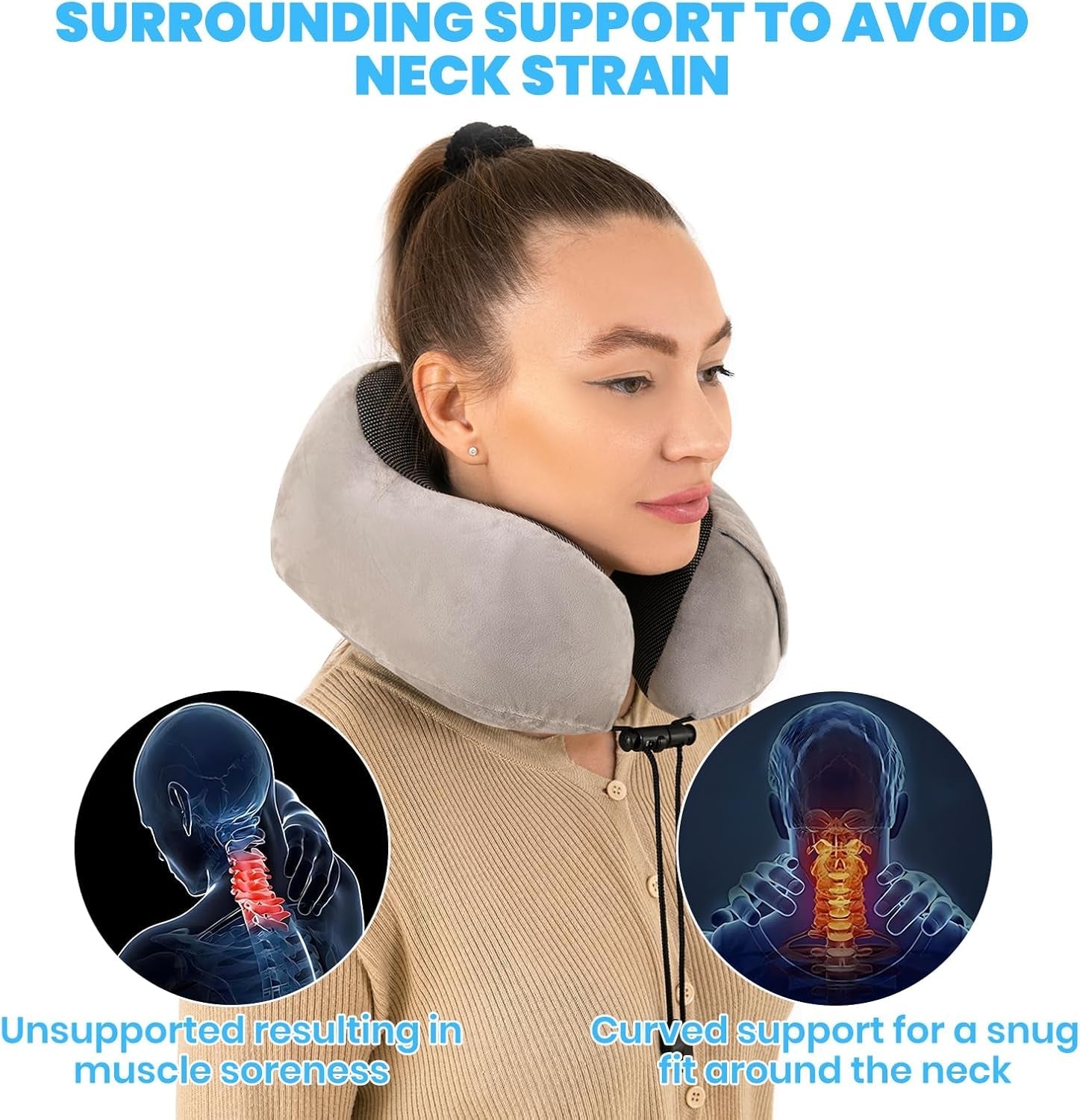 Pernă de gât, pernă de gât pentru avion, pernă de călătorie, pernă de gât pentru adulți, pernă de gât pentru mașină, pernă pentru casă, pernă ergonomică din spumă cu memorie, lavabilă cu spate îngust, reglabilă, gri