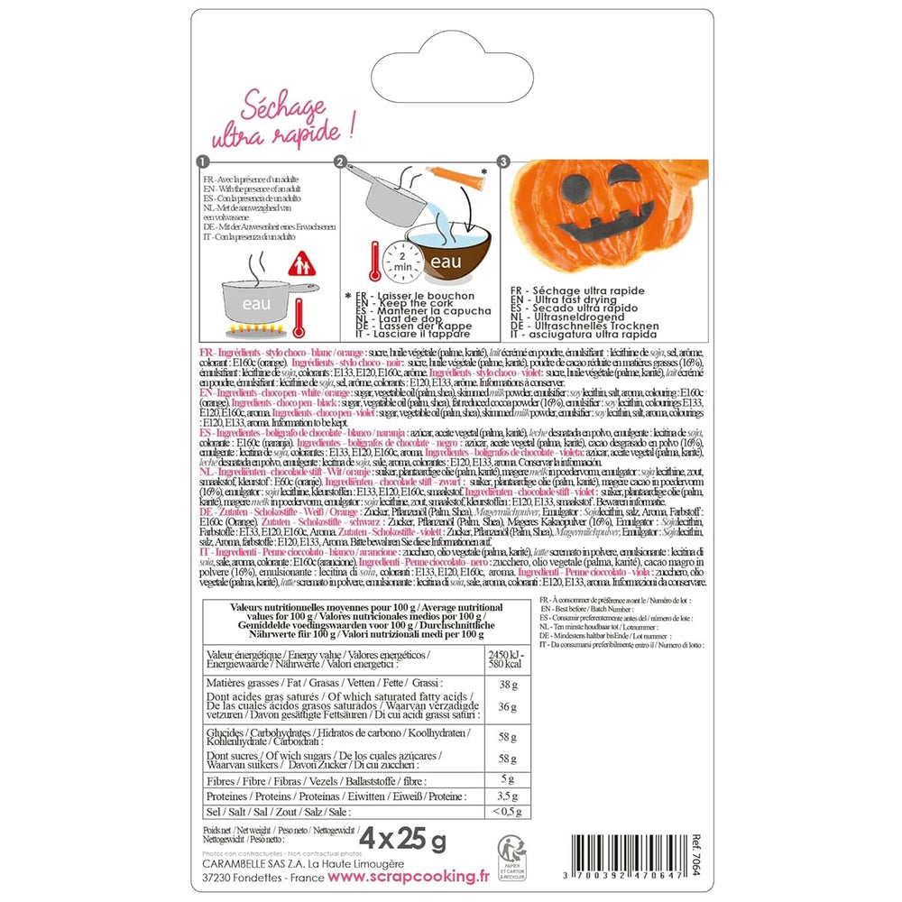 Scrapcooking - Zestaw 4 pisaków czekoladowych Halloween - czarny, pomarańczowy, fioletowy i biały, pisz i rysuj na deserach, ciastach i ciastkach Naty Shop