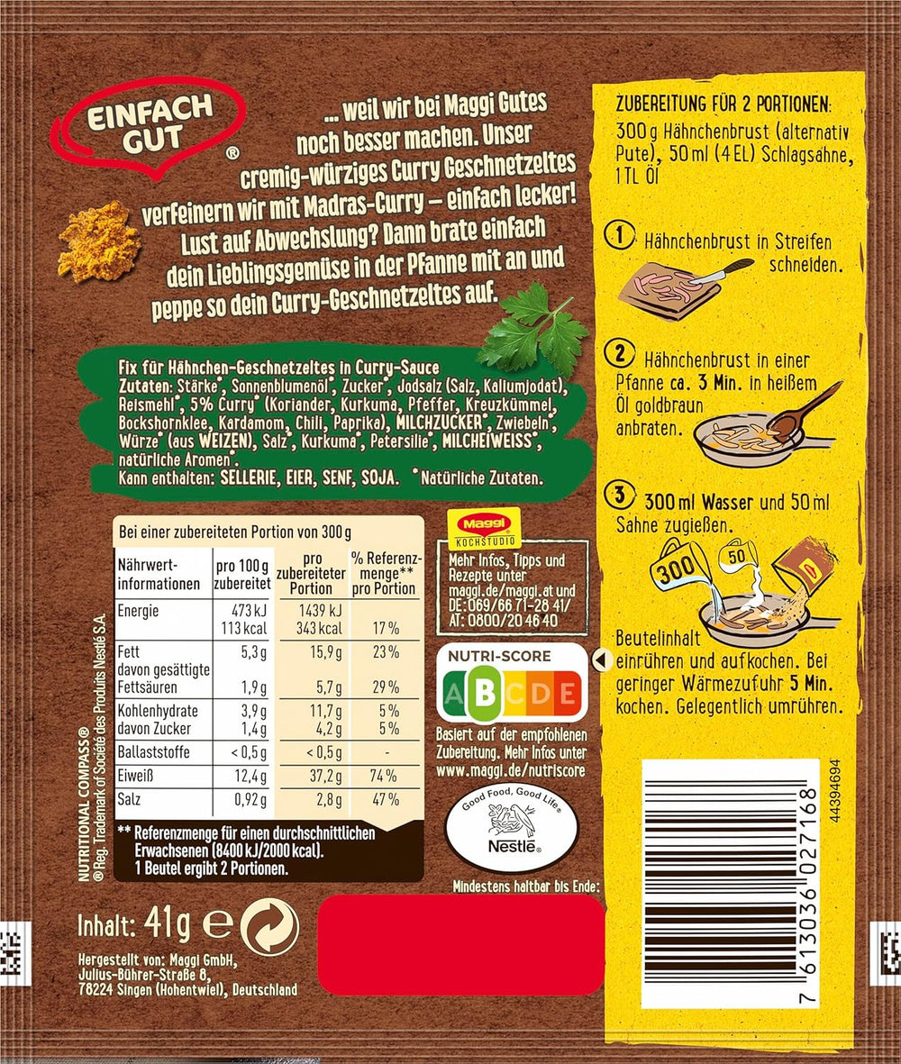 MAGGI Fix für Curry Geschnetzeltes, Würzmischung, mit natürliche Ingredient*, für 2 Porcje, 1 opakowanie (1 x 41 g)