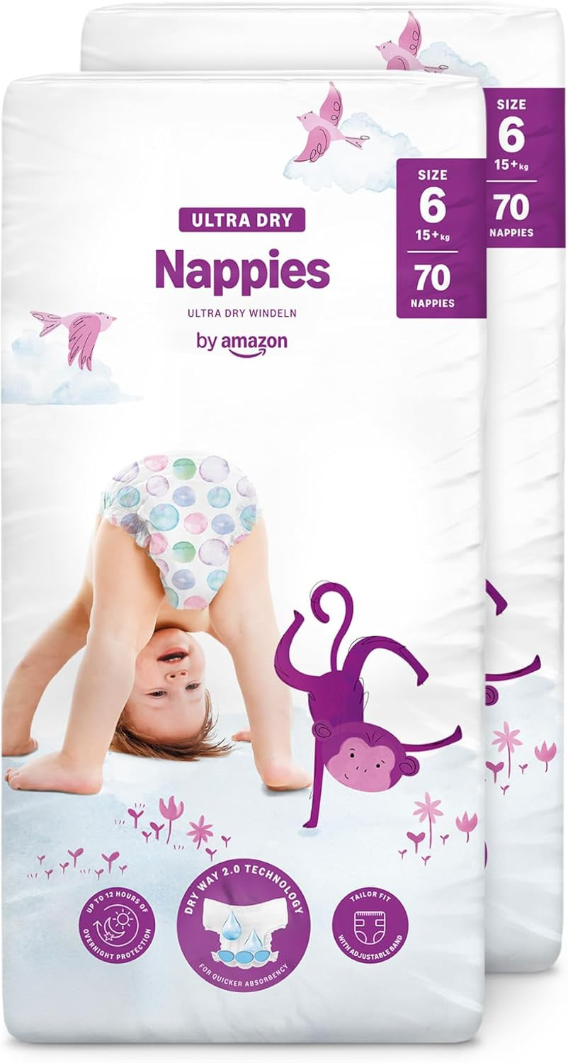 Pieluchy Amazon Ultra Dry, rozmiar 3 (4–9 kg) – pudełko miesięczne, białe, 172 sztuki (2 opakowania po 86) (dawniej Mama Bear, identyczny produkt)