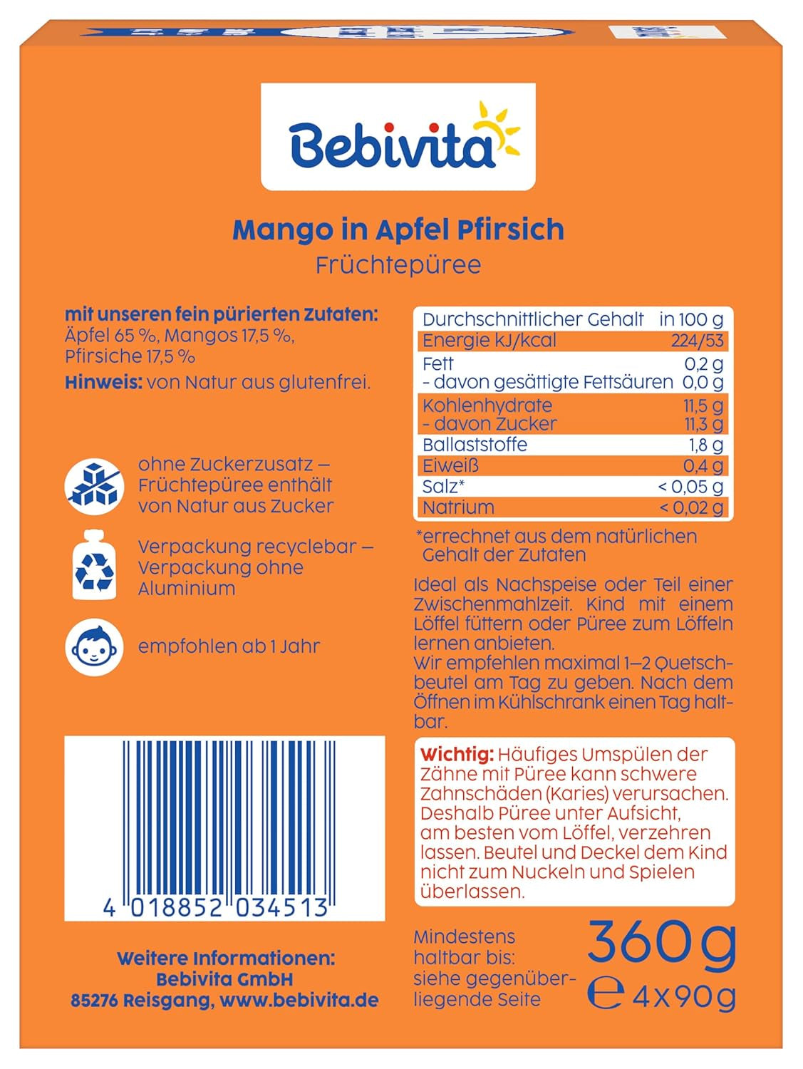 Woreczki do wyciskania Mango Apple Peach - 16 opakowań (4 opakowania, 4 x 90 g każde), bez dodatku cukru, bezglutenowe, idealne do pakowanych przekąsek i w podróży