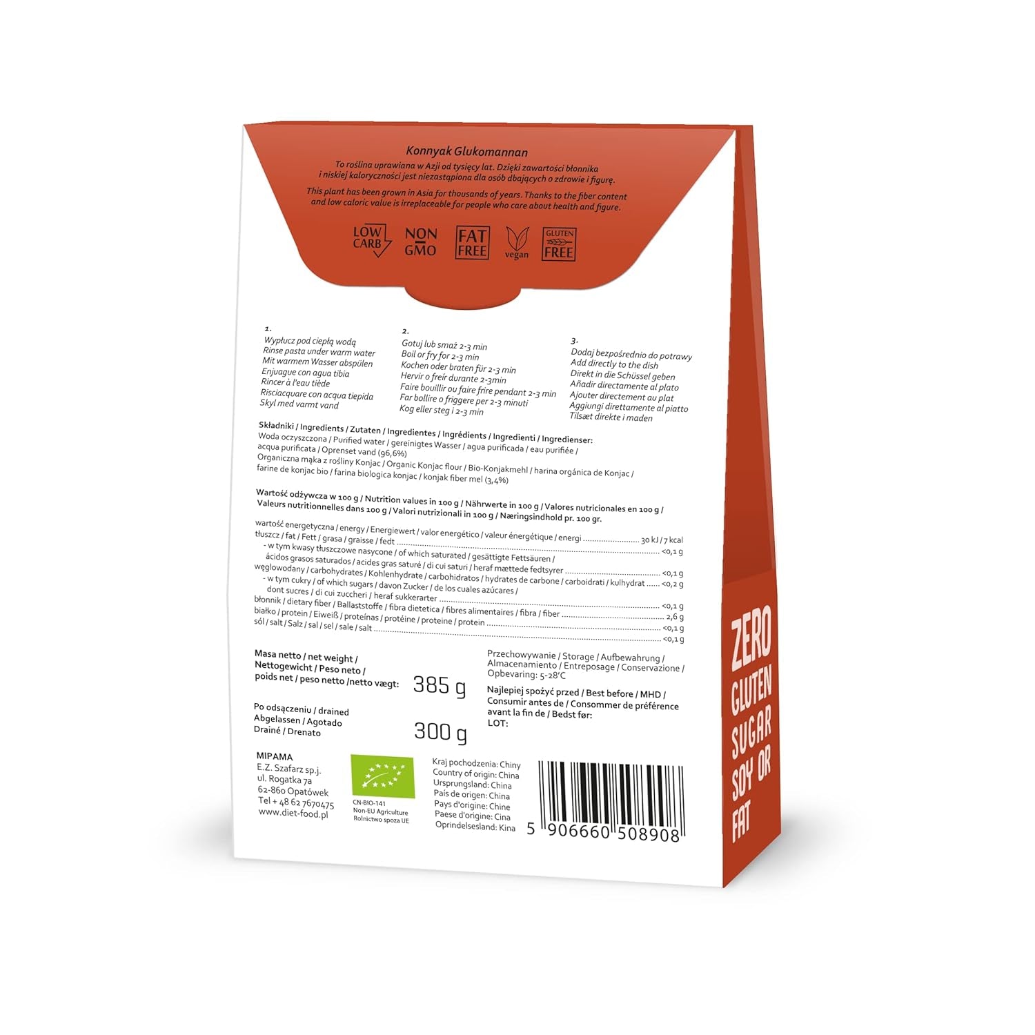 Fettuccine Konjac Noodles Bio Shirataki Diet-Food - 300g, niskowęglowodanowy, bez cukru, keto, wegański, niskokaloryczny, bezglutenowy i bez jajek, wyprodukowany z mąki Konjac