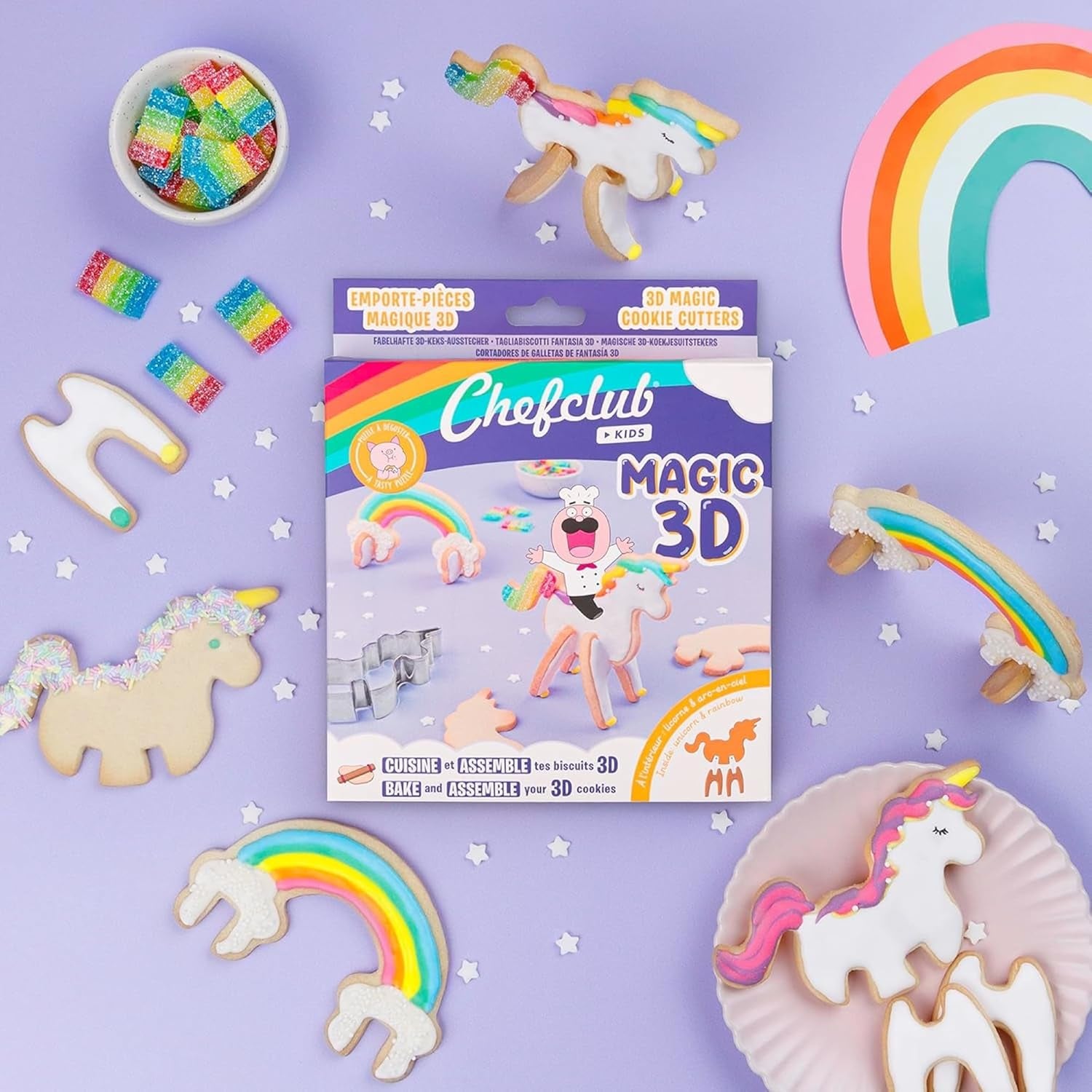 CHEFCLUB, Forme de biscuiți 3D Magice Unicorn și Curcubeu, Forme de biscuiți 3D Interconectate Unicorn și Curcubeu, Distracție de copt pentru copii