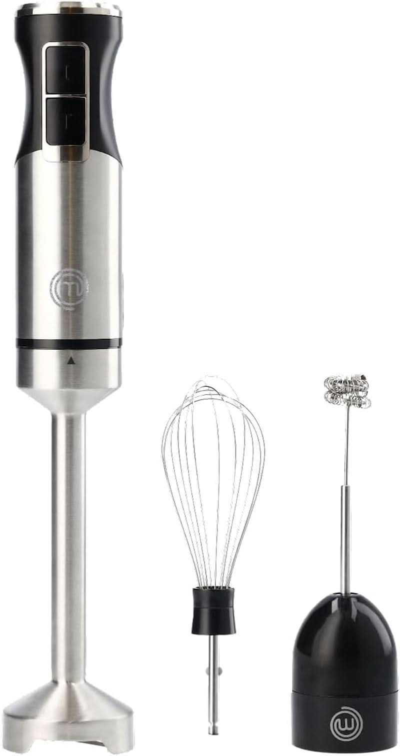 Masterchef Stabmixer, Pürierstab Mit Spritzschutz, Zauberstab Küchengerät, Elektrische Mixstab Blender ręczny Mit 2 prędkości, Eintauchfunktion, Spülmaschinenfeste Komponenten, 200W, Schwarz Kitchen Naty Shop 3 w 1 (Edelstahl)