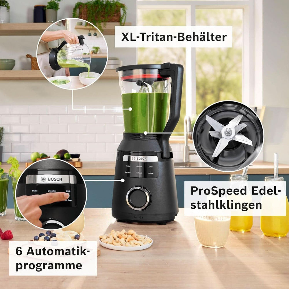 Mikser stojący szybkoobrotowy Vitapower Serie 6 MMBD665B1, 45 000 obr./min, 6 programów Inkl Heiße Suppe & Reinigung, 2 l Mixbehälter, Stopfer, Spülmaschinenfeste Teile, Made in Europe, 1800 W, Schwarz Kitchen Naty Shop