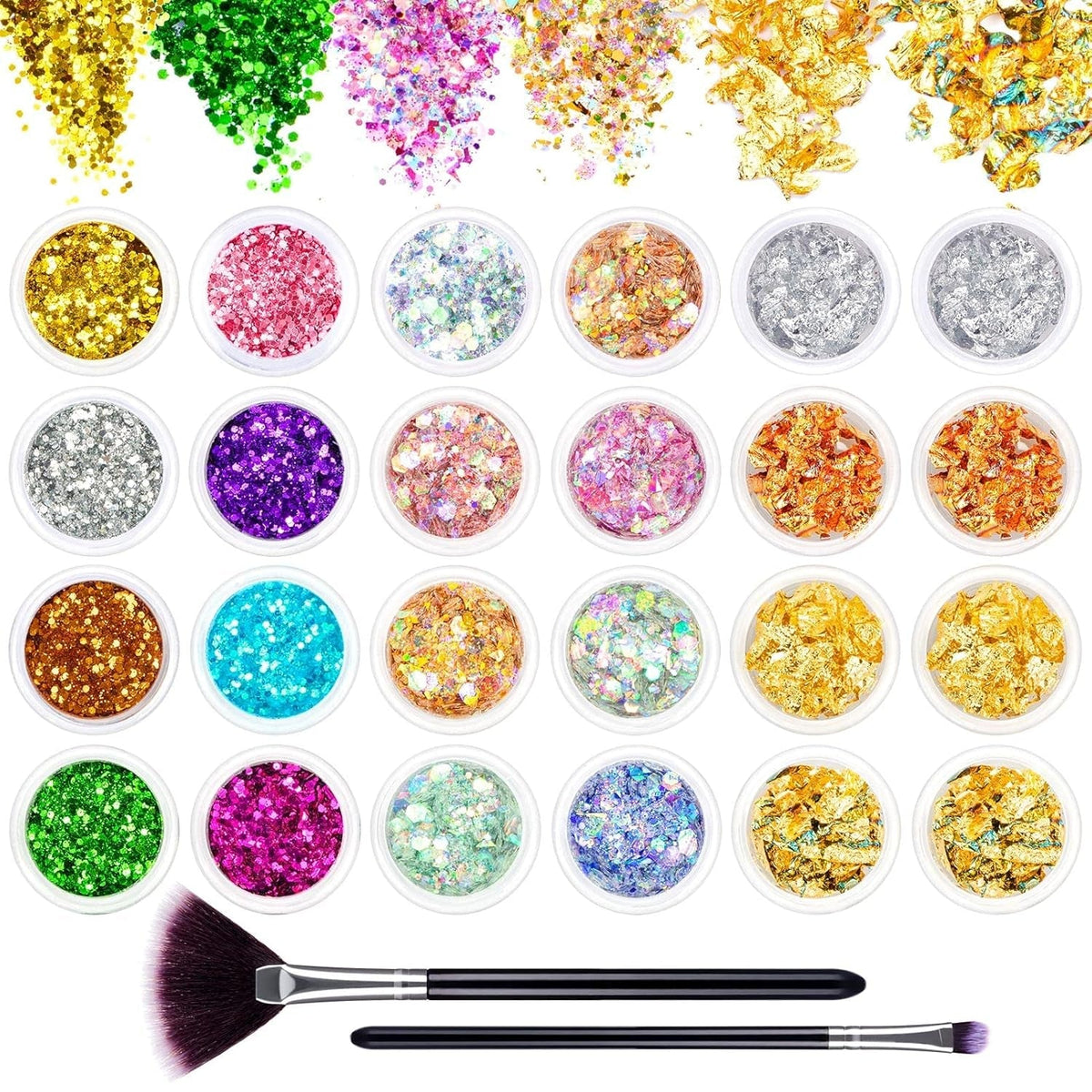 24 Farben Glitzer Set Mit Blattgold Und Glitzerpulver, Nageldesign Zubehör Pailletten Basteln Nail Art Glitter Mit Pinsel Für Nägel Gesicht Körper DIY Nagelkunst Make Up