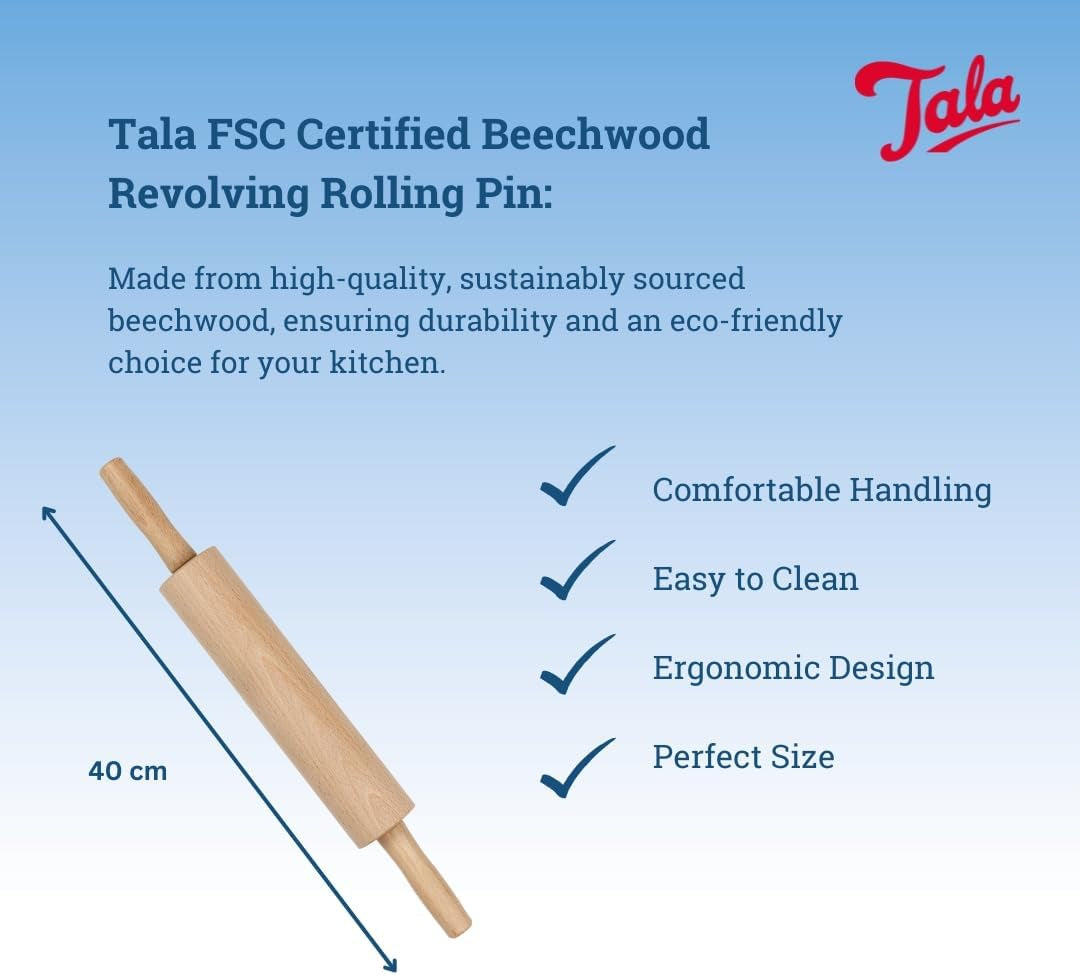 Sucitor din lemn de fag Tala – Sucitor rotativ cu mânere, suprafață netedă, durabil și ușor de curățat – Perfect pentru aluat, produse de patiserie, pâine și pizza – Lemn certificat FSC