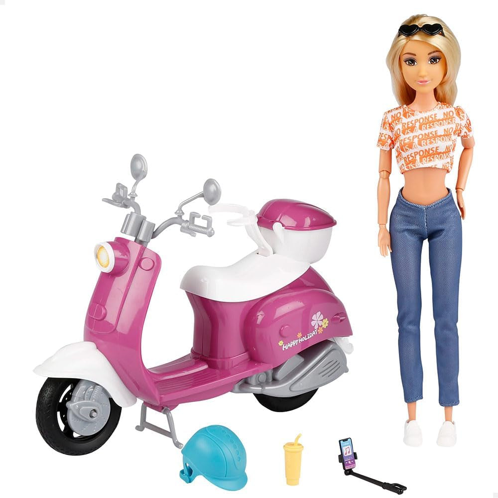 Isabella Gelenkpuppe mit Roller, 30 cm, Motorrad-Spielzeug, w tym akcesoria, Sonnenbrille, Handy, Selfie-Halterung, Helm, Orzeźwienie, Puppen für Mädchen, Geschenke ab 3 Jahren (47812)