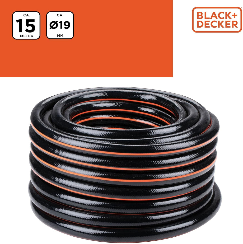 Furtun de grădină BLACK+DECKER 15 metri - Ø19MM - PVC durabil - Udarea grădinii, spălarea mașinii, umplerea piscinei - Compatibil cu orice robinet standard - Negru/Portocaliu