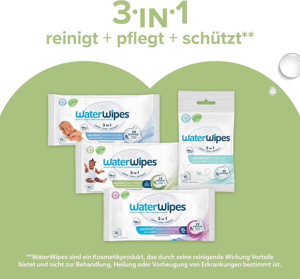 WaterWipes Sensitive+ Chusteczki nawilżane dla niemowląt i małych dzieci, 720 szt. (12 szt.), 3 w 1 czyszczenie, pielęgnacja, ochrona, 99,9% wody, teksturowane oczyszczanie, bezzapachowy