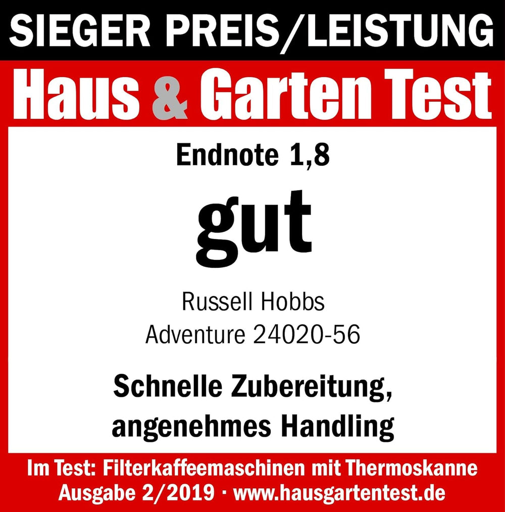 Cafetieră Russell Hobbs [Cap de duș pentru extracție și aromă optime] Adventure (1 până la 8 cești, carafă termică de 1,0 l, oprire automată, sistem anti-picurare, 1100 W) Cafetieră cu filtru 24020-56