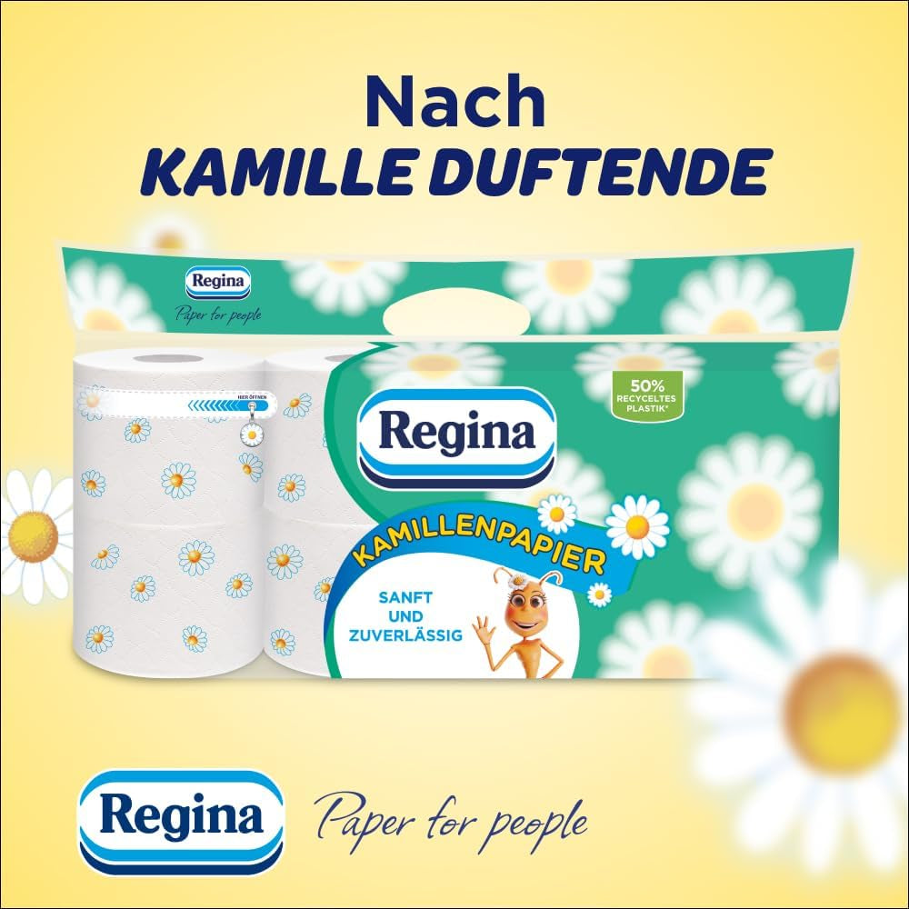 Hârtie igienică Regina Chamomile Paper 3 straturi - pachet de 16 role, 150 de foi pe rolă, moale și delicată cu aromă de mușețel și hârtie certificată Fsc