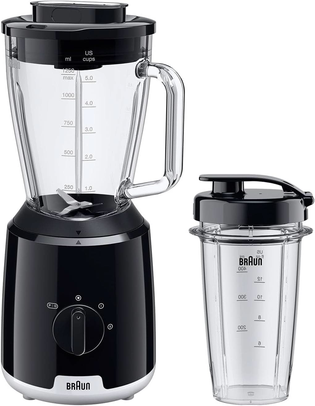 Braun Powerblend 1 JB1050WH - Mikser stojący z 1,5 l Glas-Mixaufsatz, Küchenhelfer Zum Zerkleinern, Pürieren & Mixen, funkcja kruszenia lodu, 2 Geschwindigkeiten, 600 Watt, Weiß Bucatarie Naty Shop Schwarz Glas-Mixaufsatz
