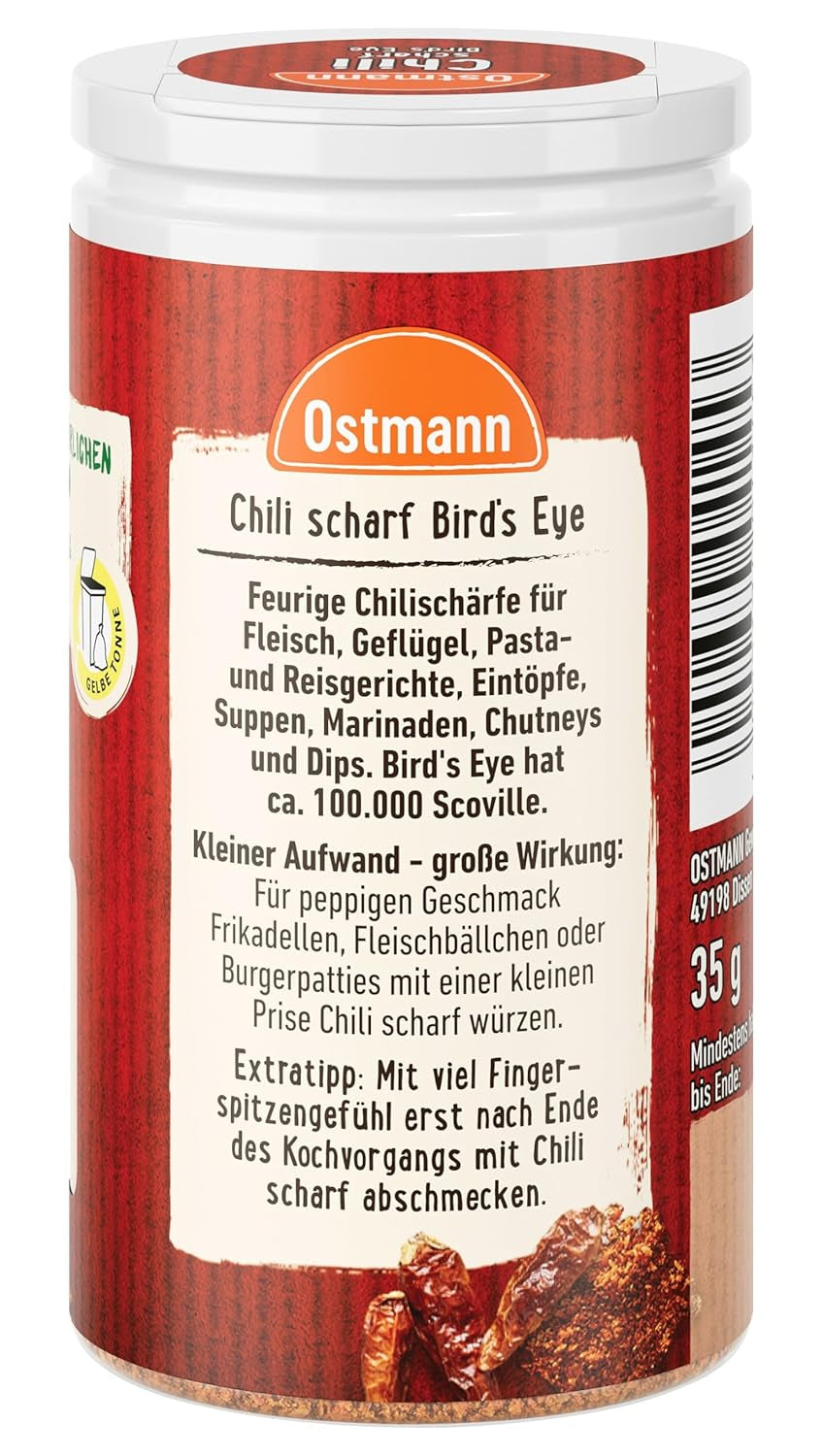 Ostmann Gewürze - Chili scharf Ptasie oko | Féurige Scharfe für Fleischgerichte und Eintöpfe | 35 g w Der Streudose