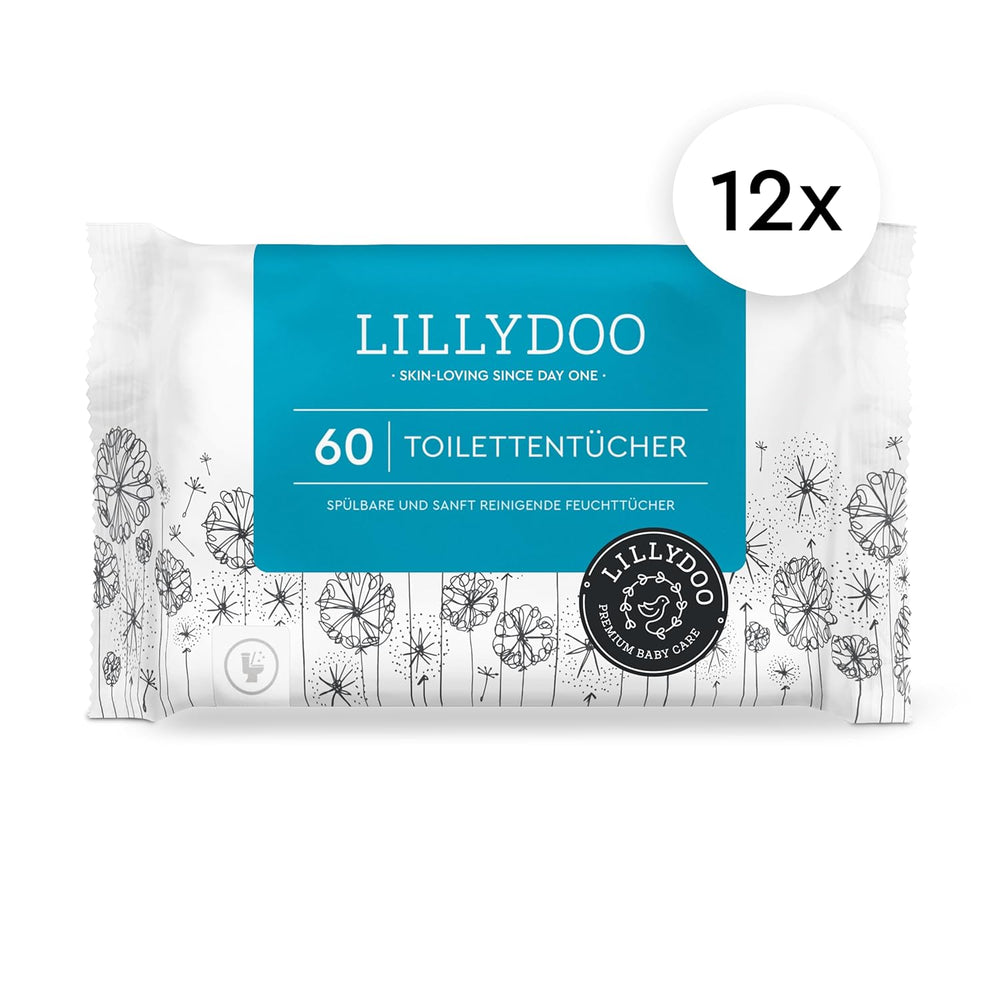 LILLYDOO Chusteczki toaletowe 720 szt. (12 x 60) Chusteczki do spłukiwania w 100% bez plastiku, bezzapachowe