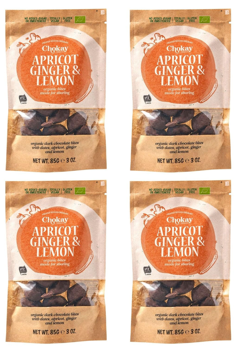 Zestaw 4 organicznych kęsów - Migdały cynamonowe/Migdały cynamonowe w belgijskiej ciemnej czekoladzie/Bez dodatku cukru, Bez słodzików/WEGAŃSKIE I SPRAWIEDLIWEGO HANDLU / 4 x 85g