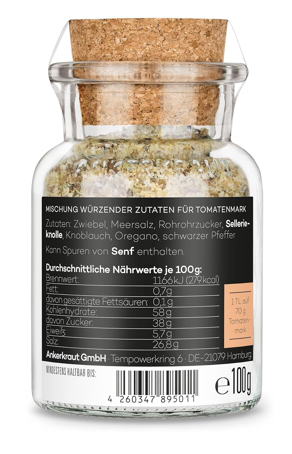 Ankerkraut Tomatensaucen, do makaronu, spaghetti, tortellini i Klassiker aus Italien, Lecker zu Hause cochen, Mischung würzender Ingredient für Tomatenmark, 100 g w szkle korkowym