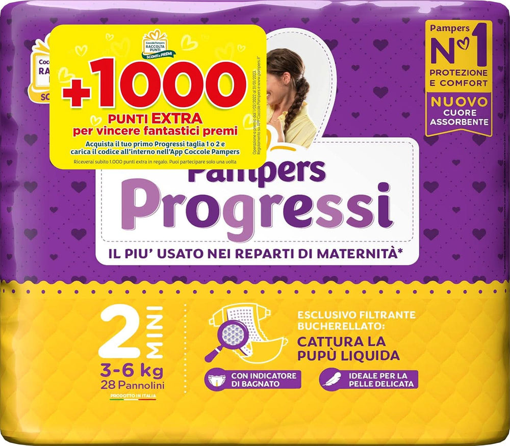 Pampers Progressi Mini, rozmiar 2 (3-6 kg), 28 pieluszek dla mamy i dziecka Naty Shop
