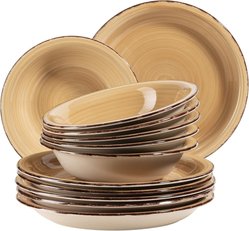 MÄSER set de farfurii pentru 6 persoane cu aspect vintage modern, serviciu de masă din 12 piese, pictat manual, verde, gresie, verde măsliniu (Bel Tempo II) Seturi vesela masa Naty Shop