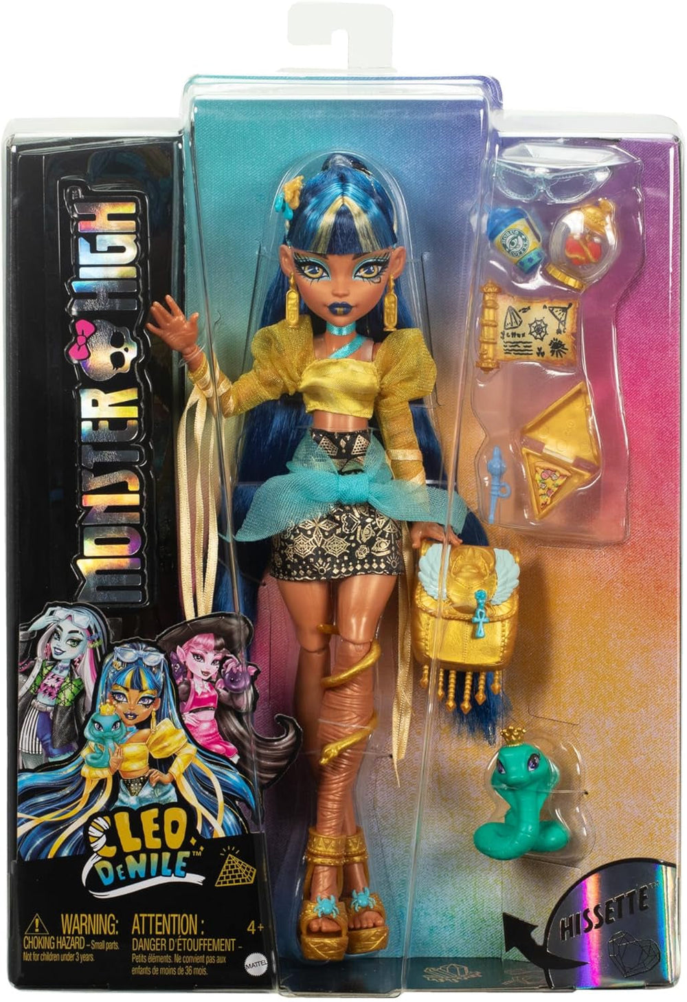 Lalka Monster High Cleo De Nile w złotej bluzce i warstwowej spódnicy, zawiera zwierzątko Cobra Hissette i akcesoria, takie jak plecak, przekąska i rolka papieru, lalki HXH74 Naty Shop