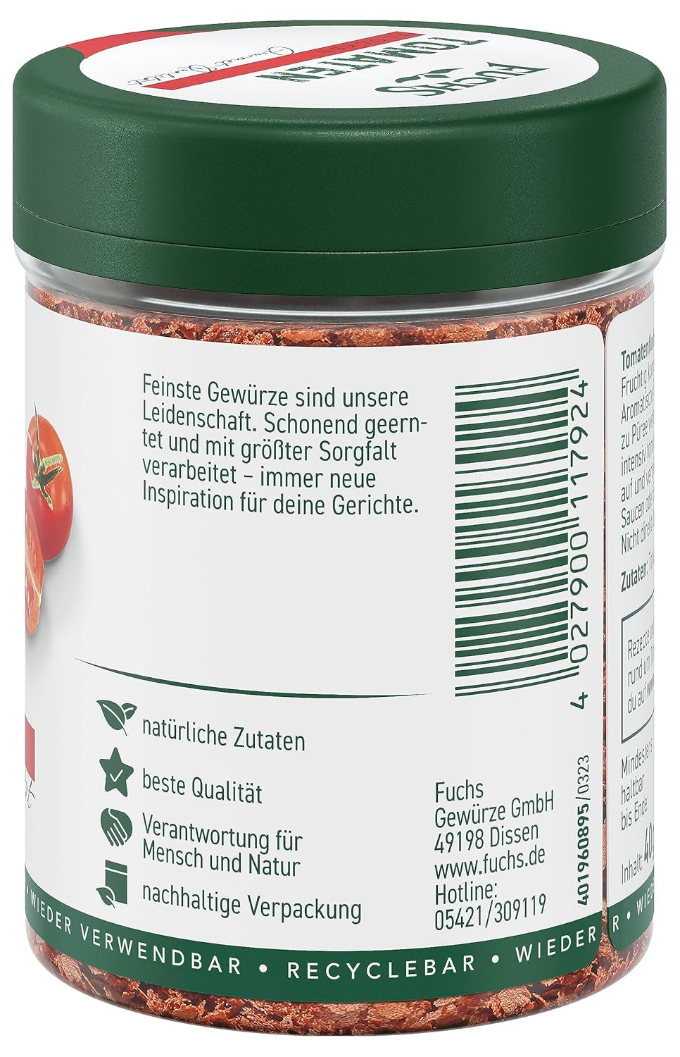 Fuchs Gewürze - Tomaten Flocken - Gewürz für Ofenfeta oder tomatigen Geschmack in Saucen - naturalne składniki - 40 g w wiederverwendbarer, recyclebarer Dawka