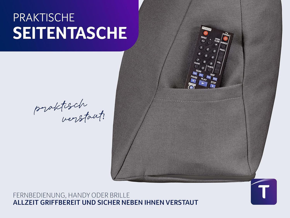 Pernă de citit Traumnacht Cozy Back Cushion, 70 x 40 cm gri închis, husă detașabilă și lavabilă din 100% poliester, buzunar lateral practic, certificată Oeko-Tex, produsă conform standardelor germane de calitate