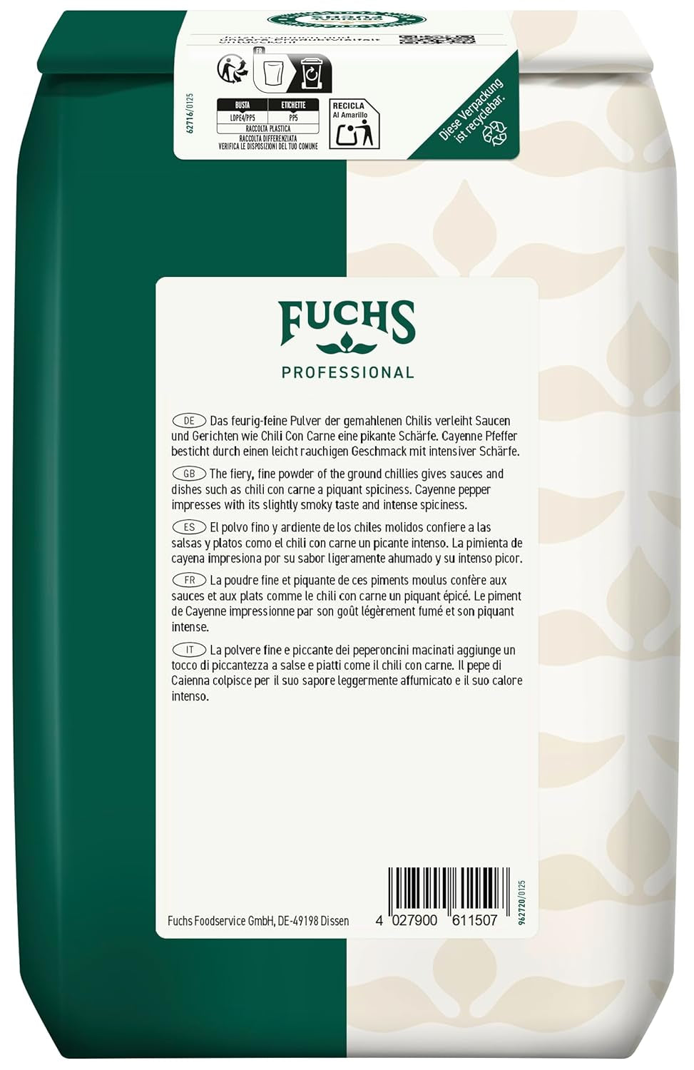 Fuchs Professional - Cayenne Pfeffer gemahlen | Scharfes Gewürz für Chili con Carne | Profi-Qualität für Großverbraucher und Gastronomie | Worek 1 kg nadający się do recyklingu