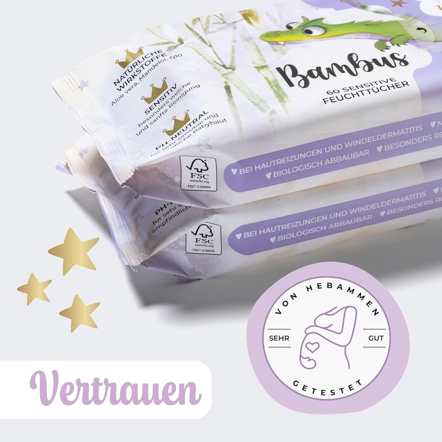 Millis Bamboo Baby Sensitive chusteczki nawilżane do delikatnej skóry dziecka - 5 x 60 sztuk - Naturalne, delikatne i zrównoważone czyszczenie - Biodegradowalne chusteczki dla niemowląt, bez plastiku i alkoholu