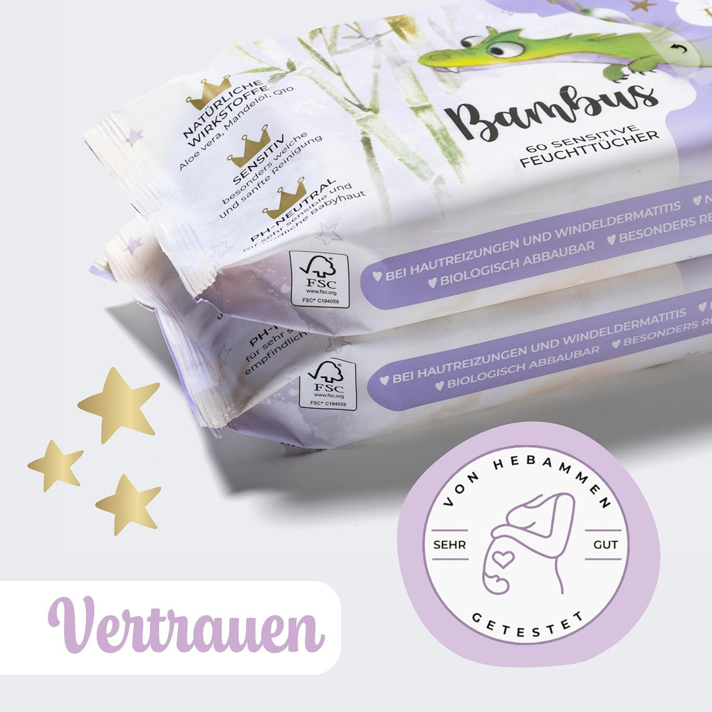 Millis Bamboo Baby Sensitive chusteczki nawilżane do delikatnej skóry dziecka - 5 x 60 sztuk - Naturalne, delikatne i zrównoważone czyszczenie - Biodegradowalne chusteczki dla niemowląt, bez plastiku i alkoholu