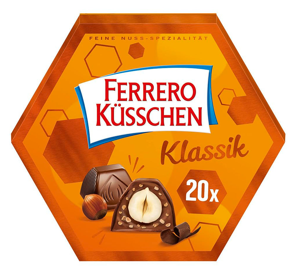 Ferrero Küsschen White Crispy - Prezent na Walentynki dla niego i dla niej - Chrupiące prażone orzechy laskowe w jasnej śmietanie z chrupiącymi chipsami, oblane białą czekoladą, 1 opakowanie 20 pojedynczych pralinek